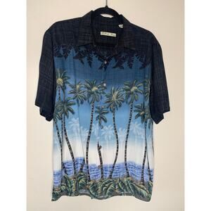 Batik Bay Rayon Blue Ombre Palm Tree Hawaiaan Camp Shirt Sz Large